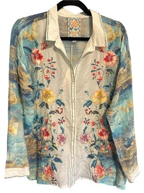 NWT Johnny WAS Embroidered Floral Button-Front SILK Audrey Shirt